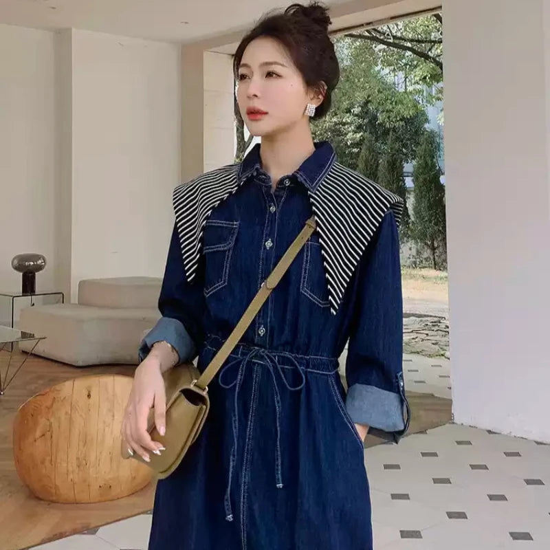 ストライプスカーフ付きデニムワンピース