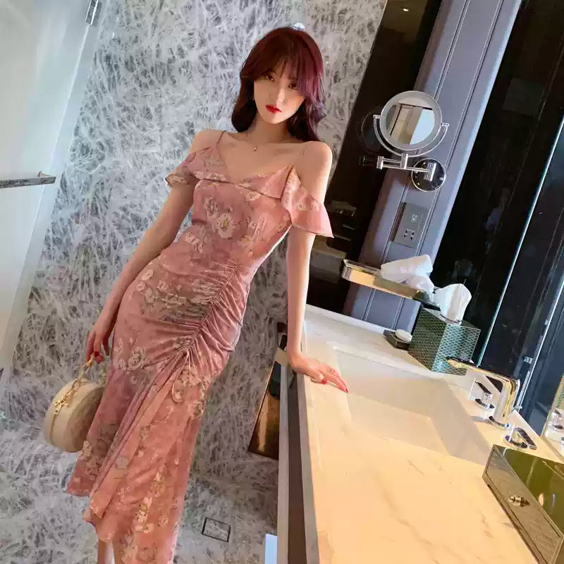 シフォンフラワープリントドレス