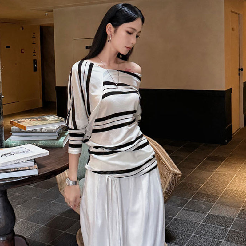 アシメストライプストライプオフショルダートップス(2colors)