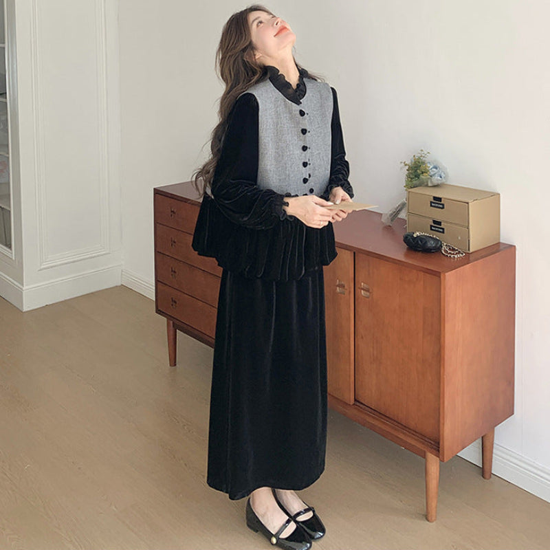 エレガンスベルベットベスト×トップス×スカート3点セット
