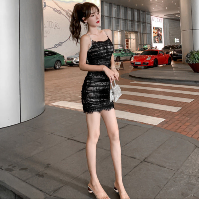 ラインストーンストラップチュールミニドレス(2colors)