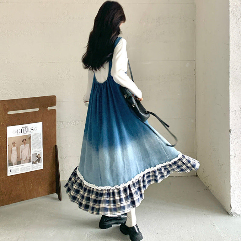 トリムチェックデニムジャンパースカート