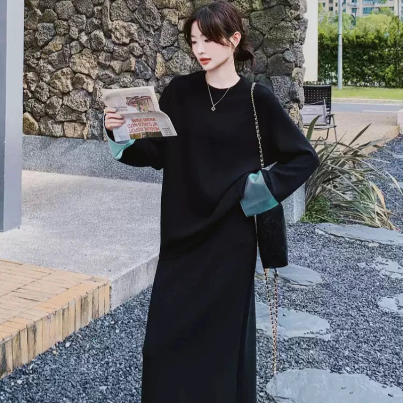 スウェットバイカラートップス×スカートセット