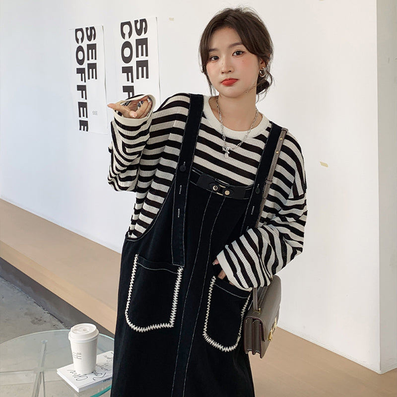 カジュアルボーダートップス×デニムサロペットワンピースセット