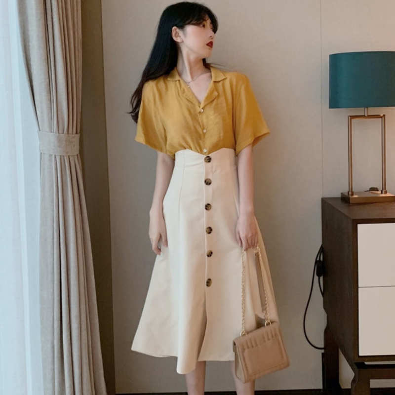 【即納】イエローオープンカラーシャツ×フロントボタンフレアスカート