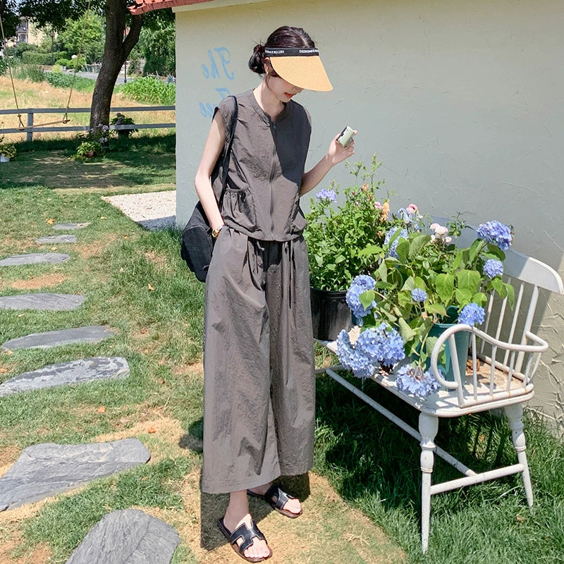 ノースリーブファスナートップス×ワイドレッグパンツセット
