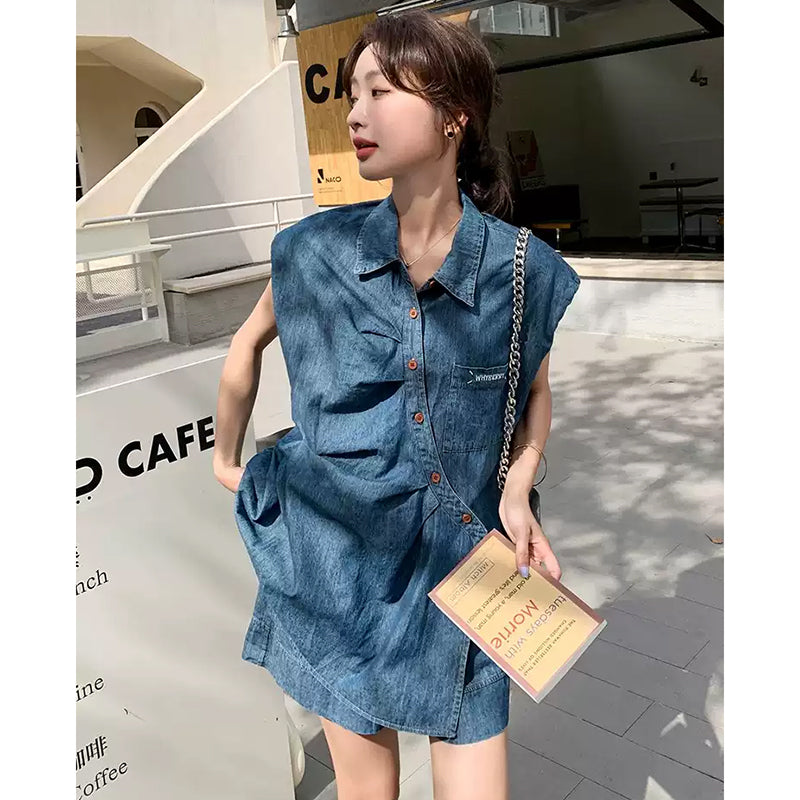 デニムノースリーブシャツ×ショートパンツセット