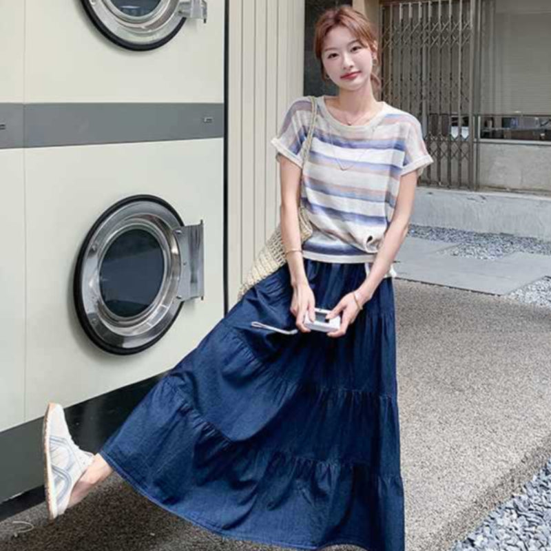 ボーダーTシャツ×デニムスカートセットアップ