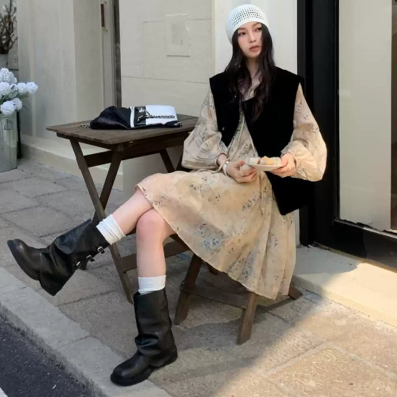 ベルベットベスト×フラワーワンピースコーデセット