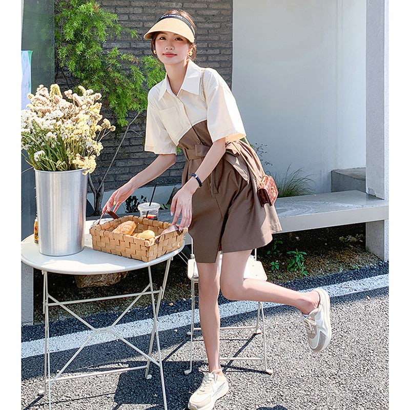 バイカラーウエストリボン ショートオールインワン