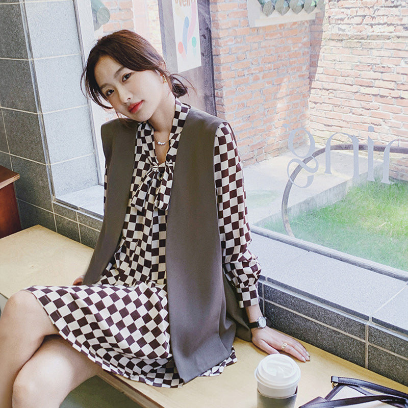 チェック柄ワンピース×ベストセット