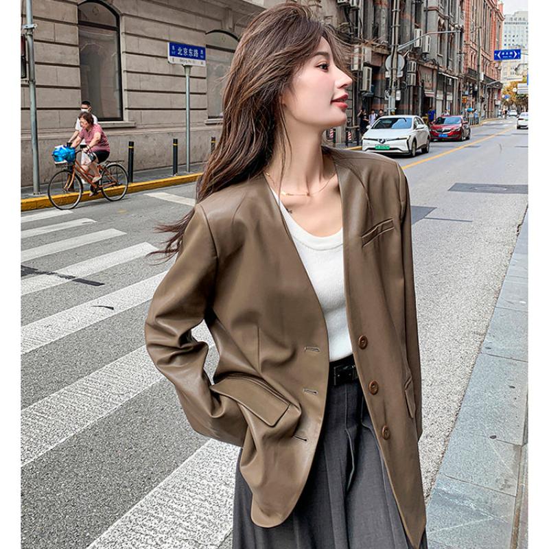 ノーカラーVラインPUレザージャケット