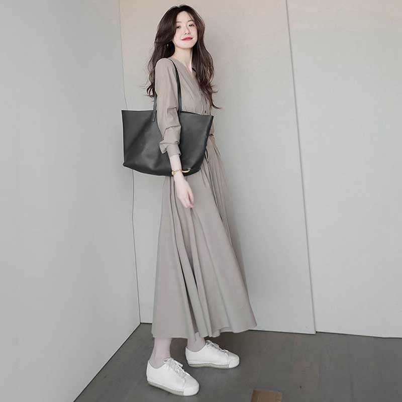 ウエストリボンVネックシャツワンピース