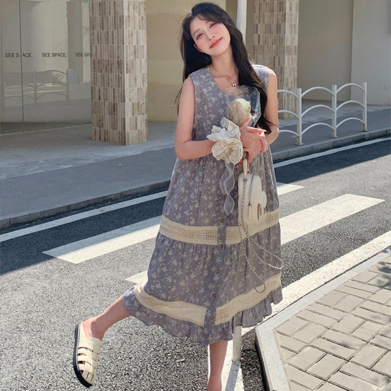 小花柄ノースリーブグレーワンピース