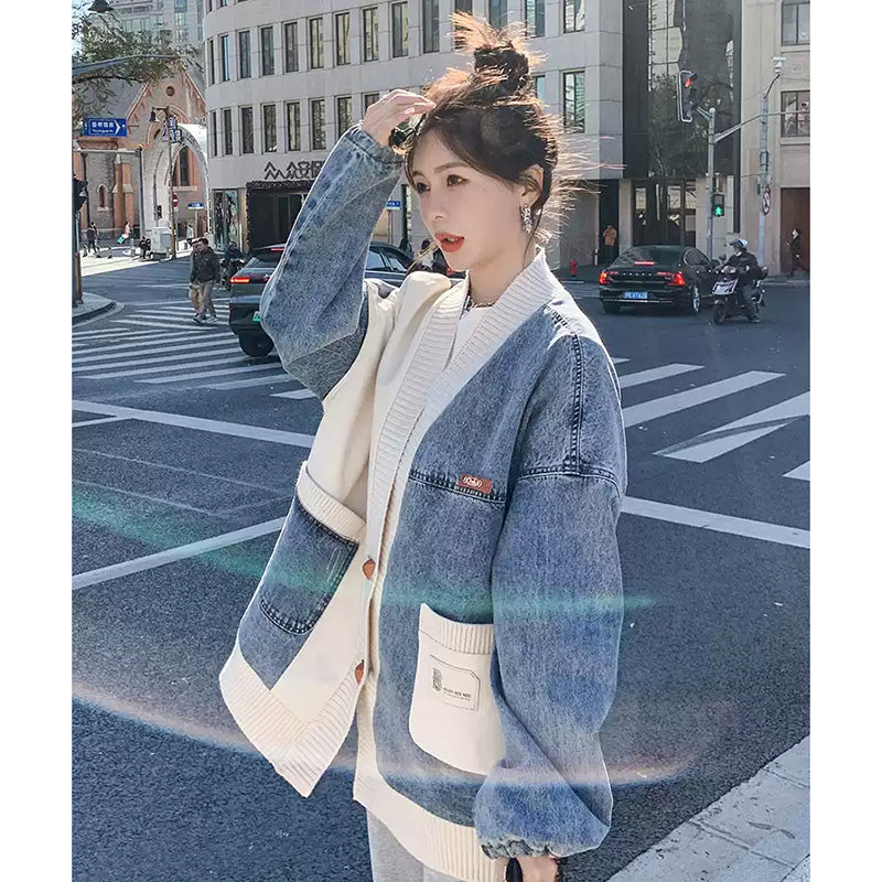 異素材MIXデザインニット×デニムジャケット