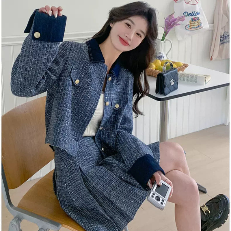 レトロブルージャケット×プリーツミニスカートセット