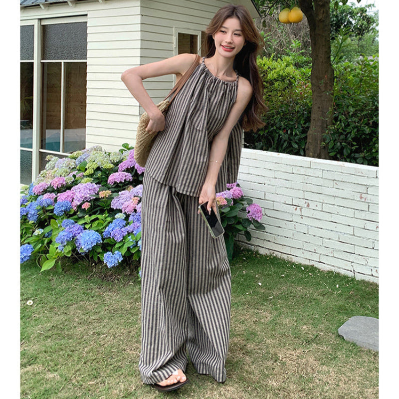 ストライプホルターネックトップス×パンツセット