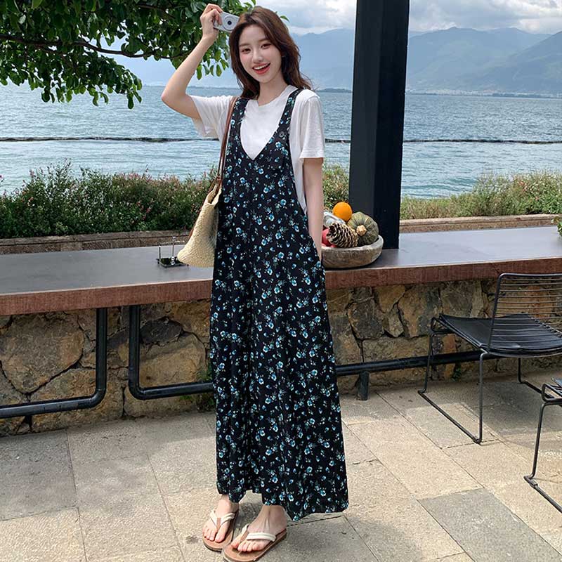 小花柄Vネックワイドサロペット