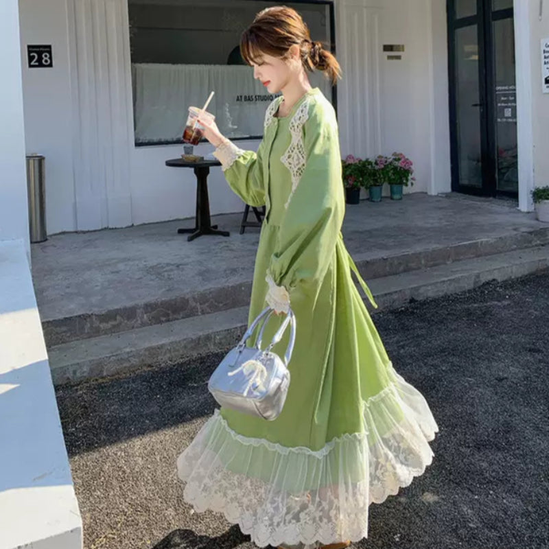 レースステッチロングスリーブワンピース(緑)春/夏 若草色の レースステッチロングスリーブワンピース(緑)春/夏 若草色の