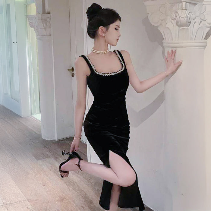 ジュエルラインスリットベロアワンピース