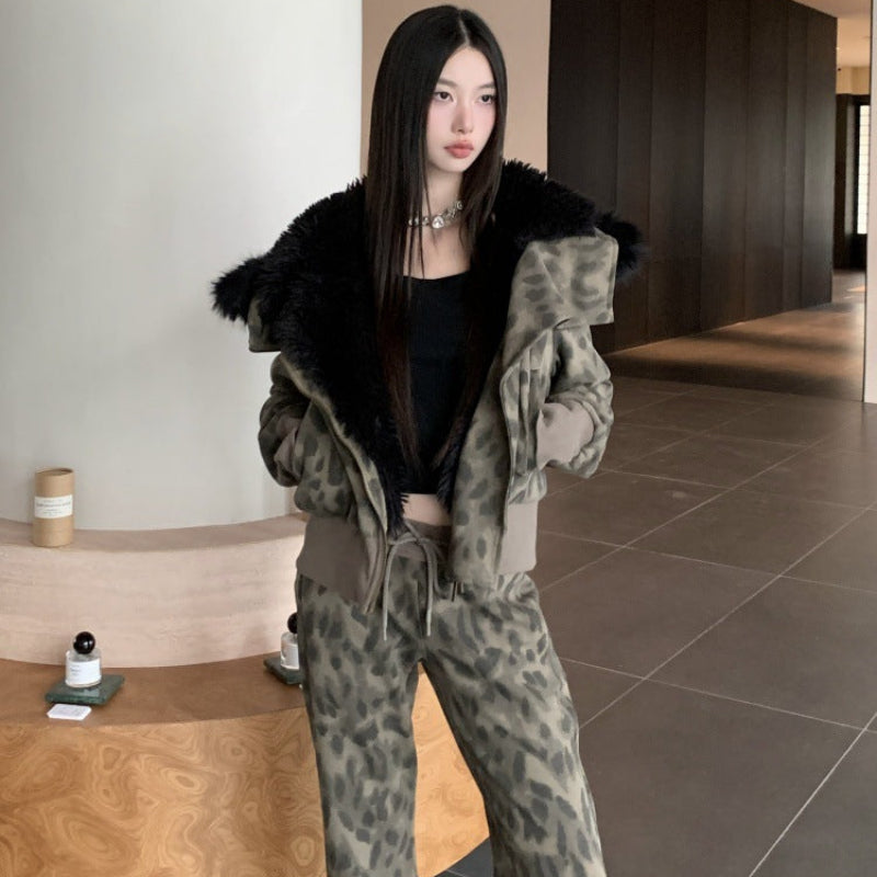 レオパードスウェットファーパーカー×パンツセット