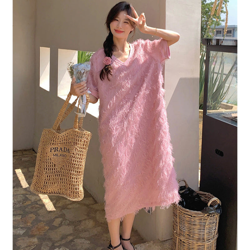 フリンジデザインピンクワンピース