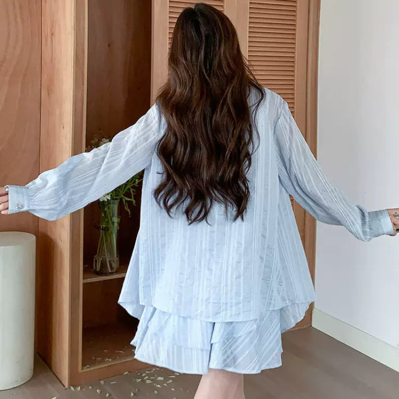 ライトブルーストライプシャツ×パンツセット