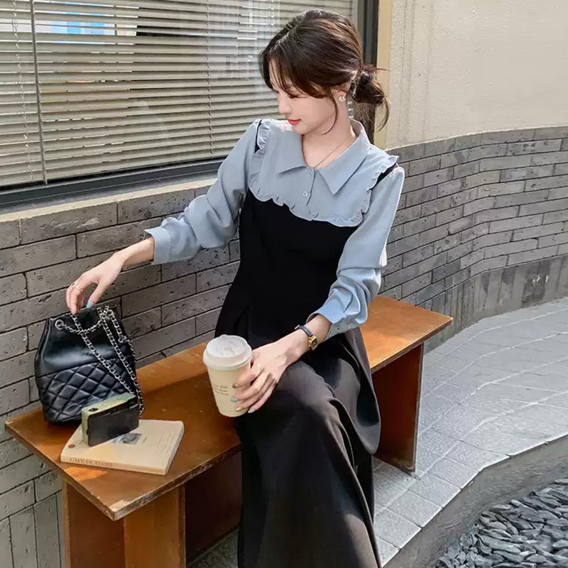 フェイクレイヤードフリルシャツワンピース