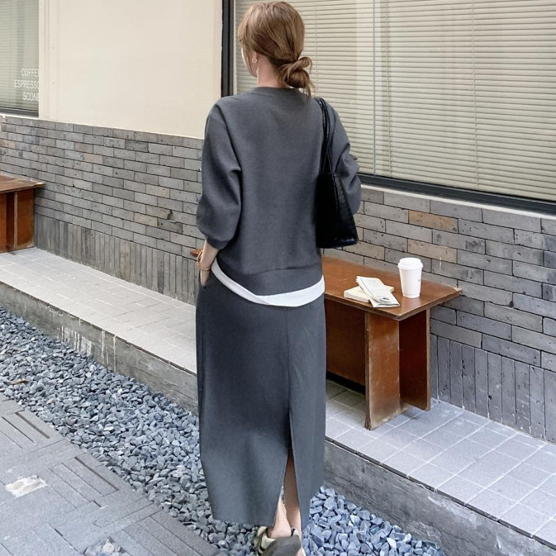 ボーダーショール付きスウェット×スカートセットアップ(2colors)