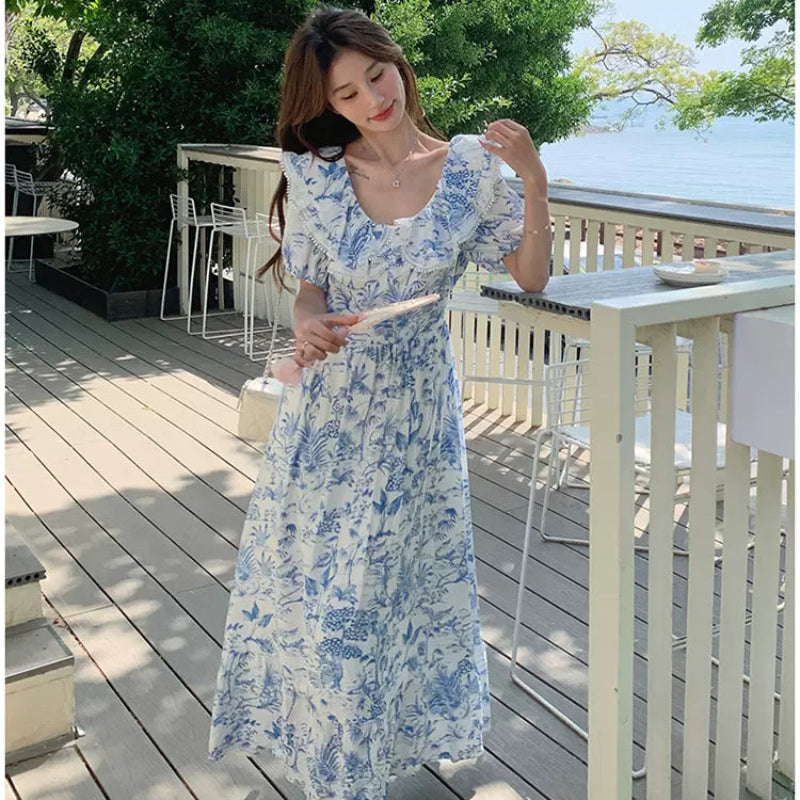 ラッフルカラーボタニカルプリントワンピ