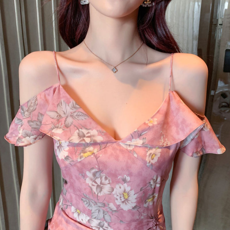 シフォンフラワープリントドレス