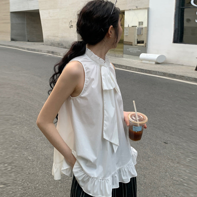 フリルボウタイノースリーブブラウス