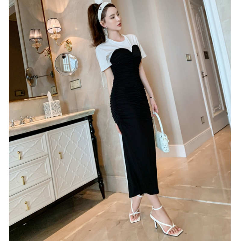 Tシャツコンビフロントギャザービスチェワンピース