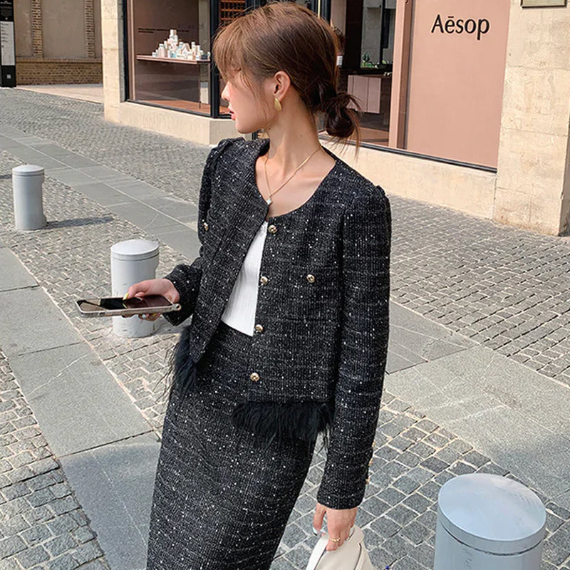 ブラックツイードジャケット×スカートスーツセット