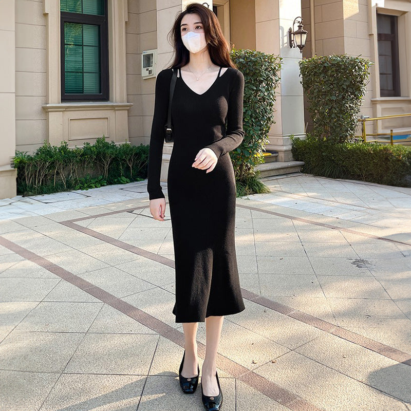 Vネックタイトニットワンピース(5colors)