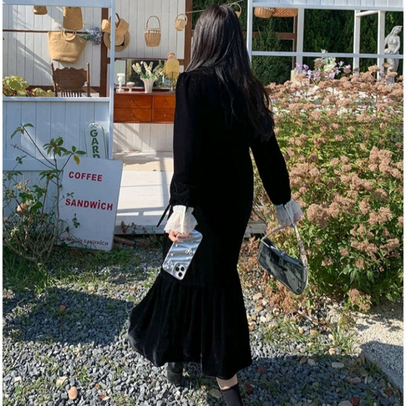 クラシカルベルベット裾切り替えワンピース