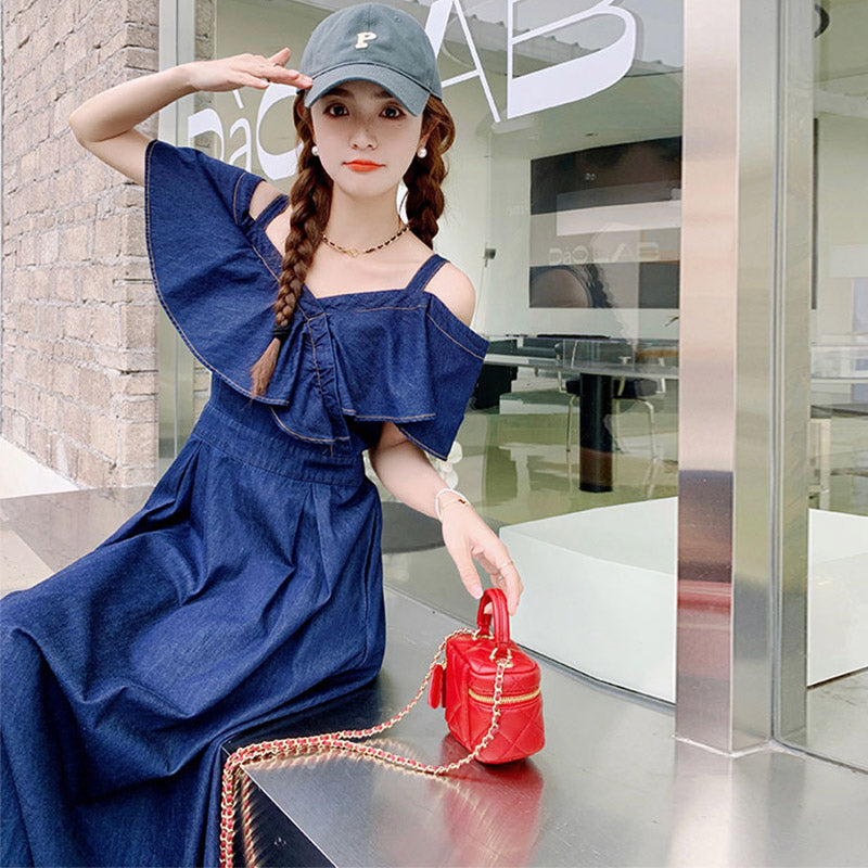 オープンショルダーラッフルデニムマキシワンピース 