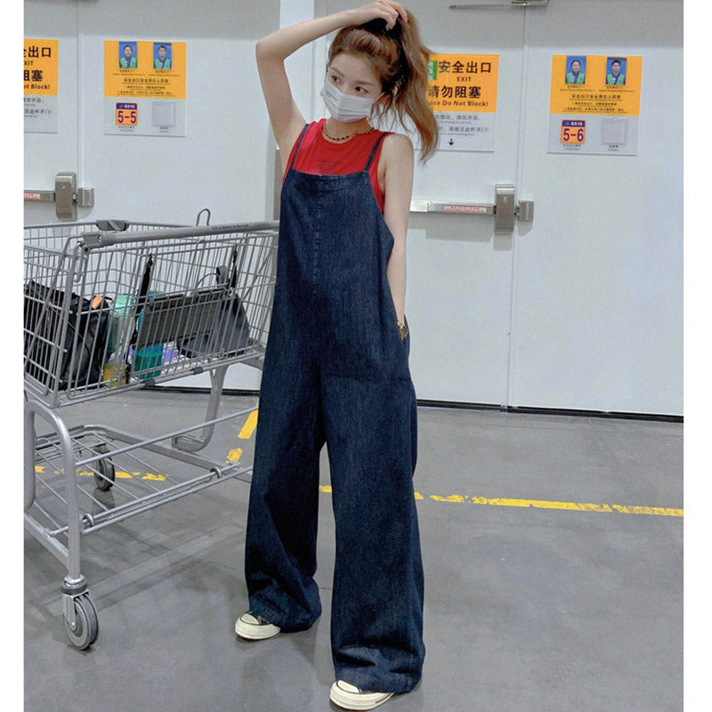 【即納】バックリボンデニムワイドサロペットパンツ