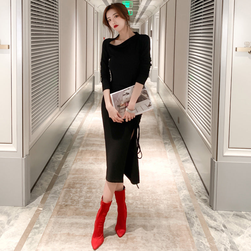 スリットドローストリングペンシルワンピース