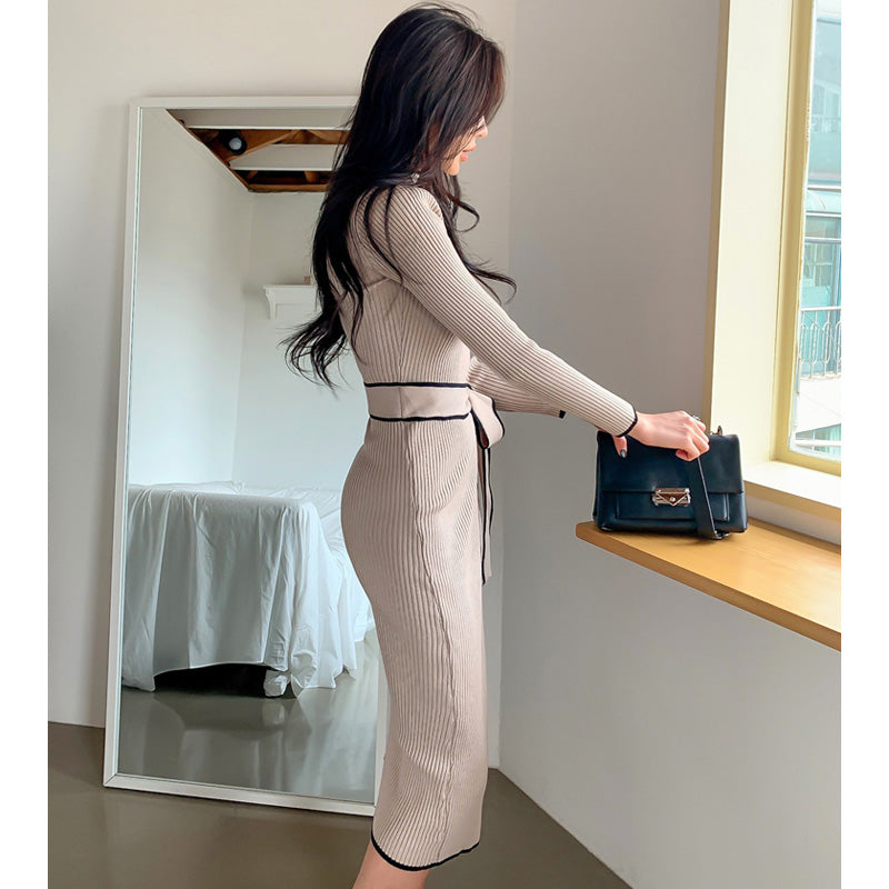 ウエストリボンハーフネックリブニットワンピース(2colors)