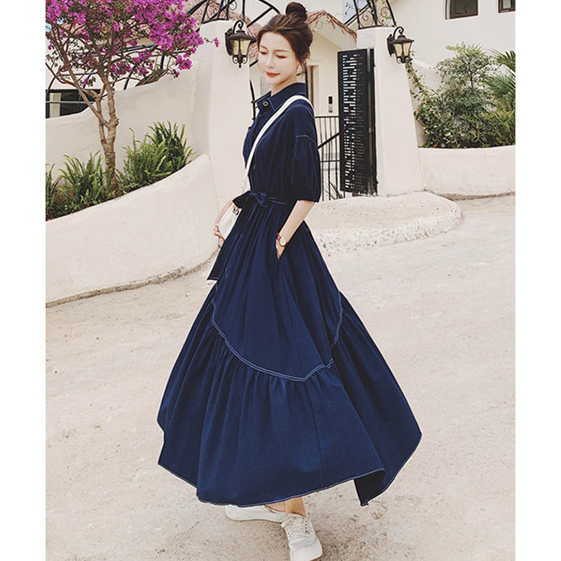 バルーンスリーブアシメティアードシャツワンピース