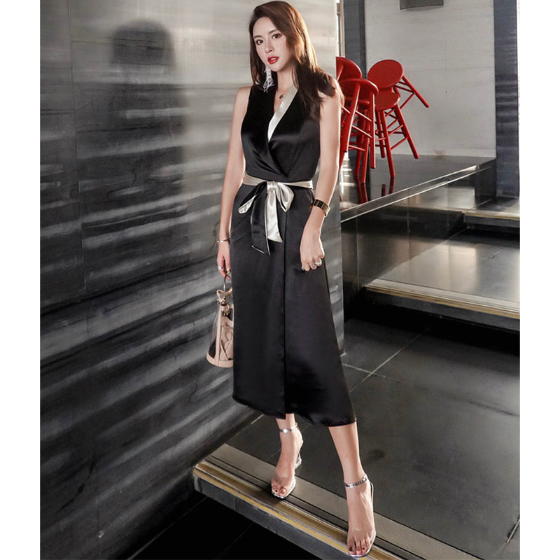 ウエストリボンバイカラーカシュクールサテンワンピース