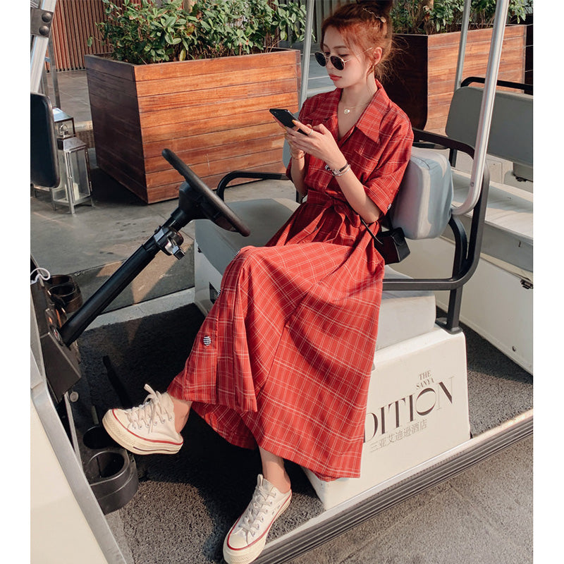 ウエストリボンチェックシャツワンピース(2colors)
