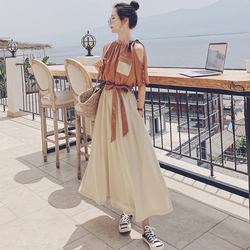 バイカラーウエストリボンギャザーロングワンピース(2colors)