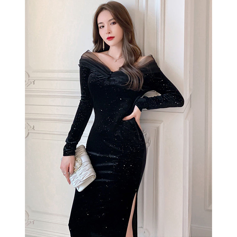 オフショルダーシアーコンビラメベロアペンシルワンピース