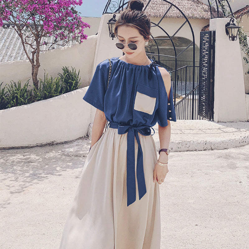 バイカラーウエストリボンギャザーロングワンピース(2colors)