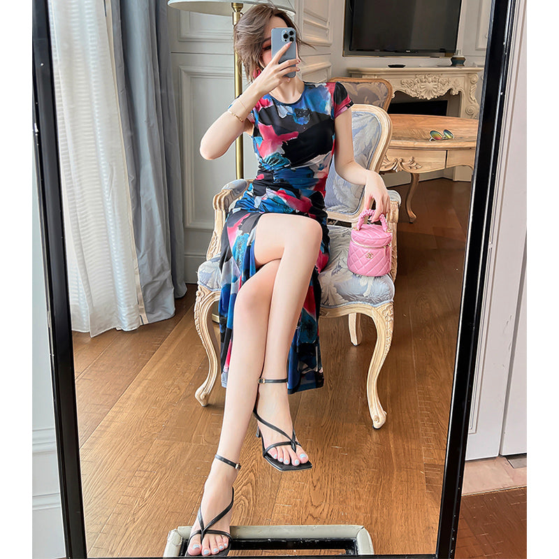 フレンチプリントスリット入りフレアスカートワンピース