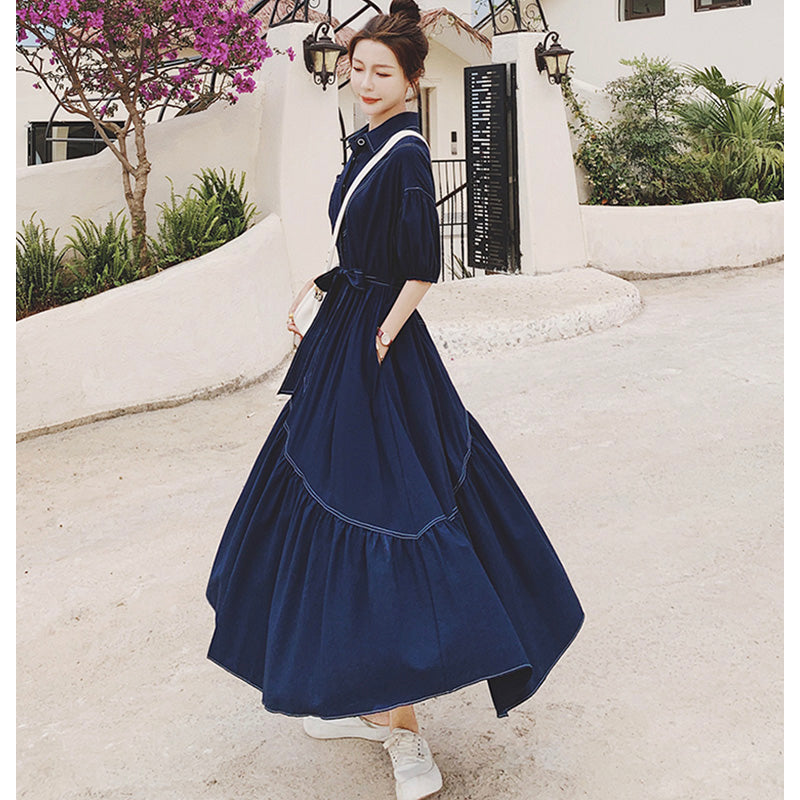 バルーンスリーブアシメティアードシャツワンピース