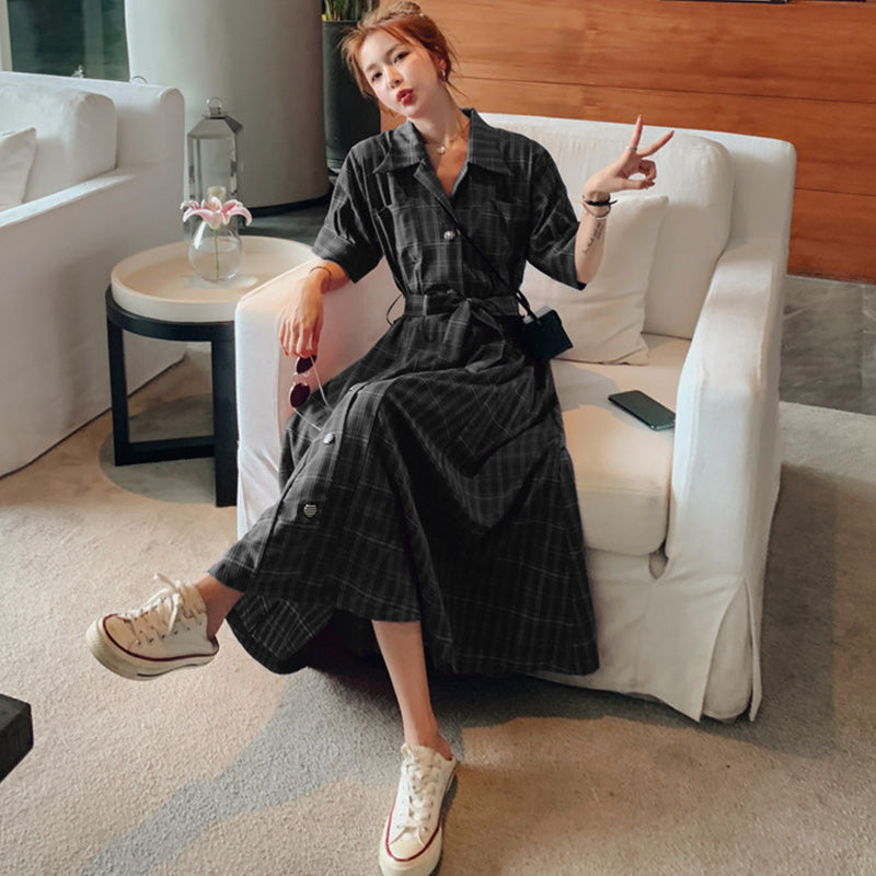 ウエストリボンチェックシャツワンピース(2colors)