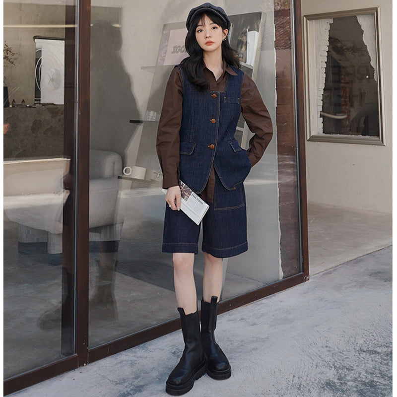 レトロデニムベスト×ミディ丈ショートパンツ